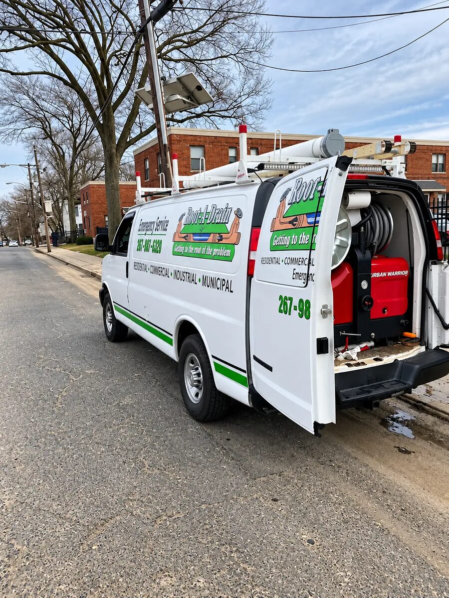Root-A-Drain emergency drain service van on a street in Bristol, PA