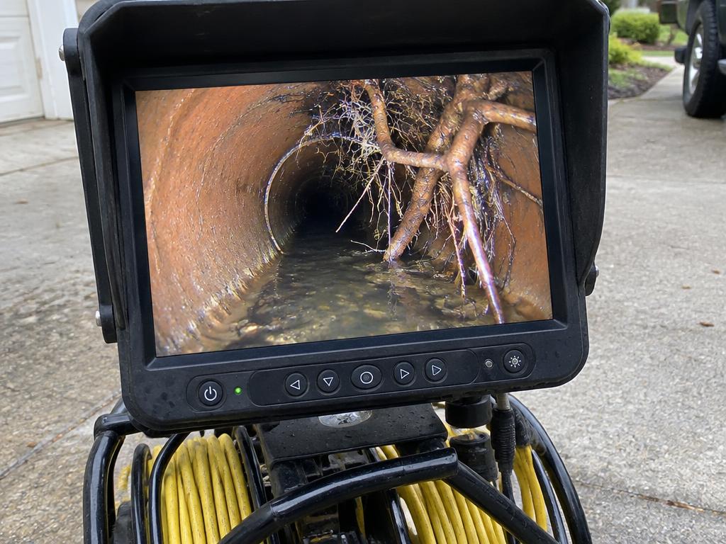 Sewer camera inspection showing tree roots inside a pipe in Bucks County